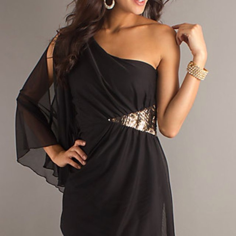 XOXO Black Gold Sequin Chiffon One Shoulder Dress